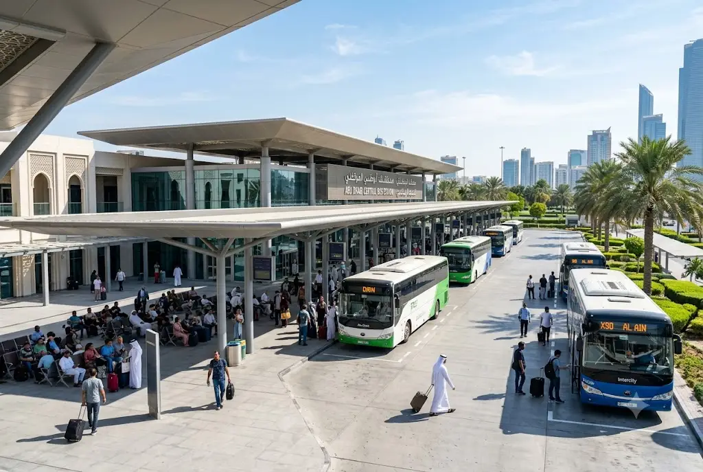Passengers boarding buses at Abu Dhabi Bus Station in the UAE