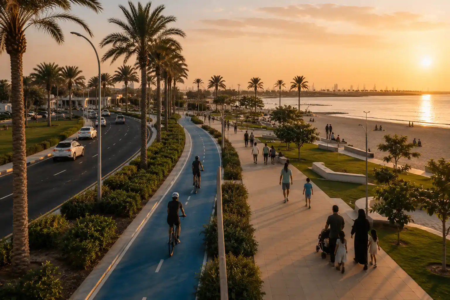 Scenic beachfront atmosphere at Al Mamzar Beach Street in Dubai