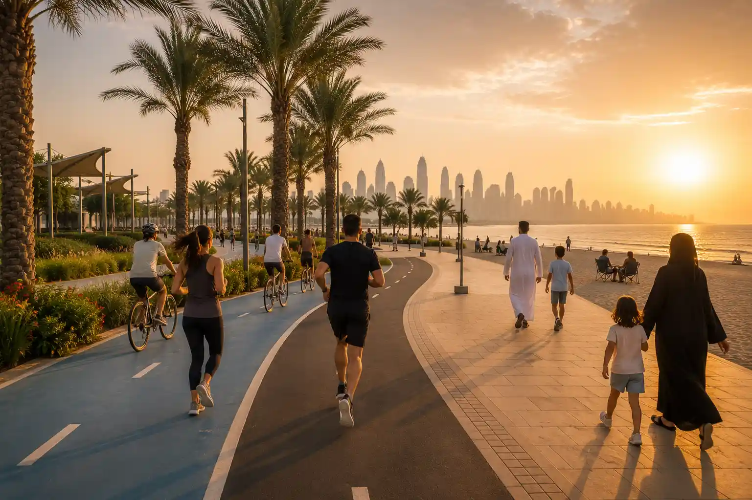 Families and fitness enthusiasts enjoying a beach park in the UAE