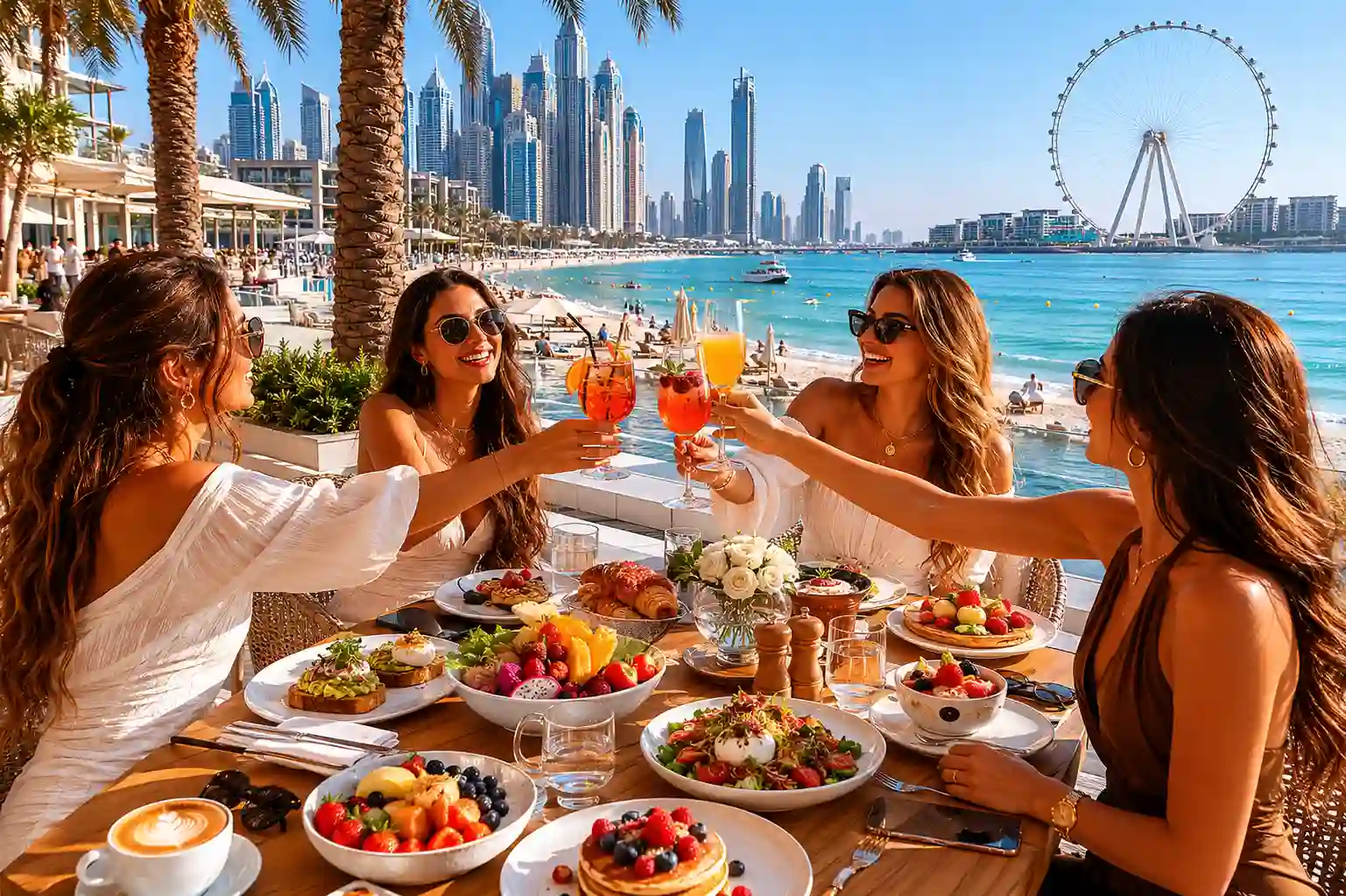 Guests enjoying Beachcombers Brunch at a beachfront dining venue in Dubai JBR