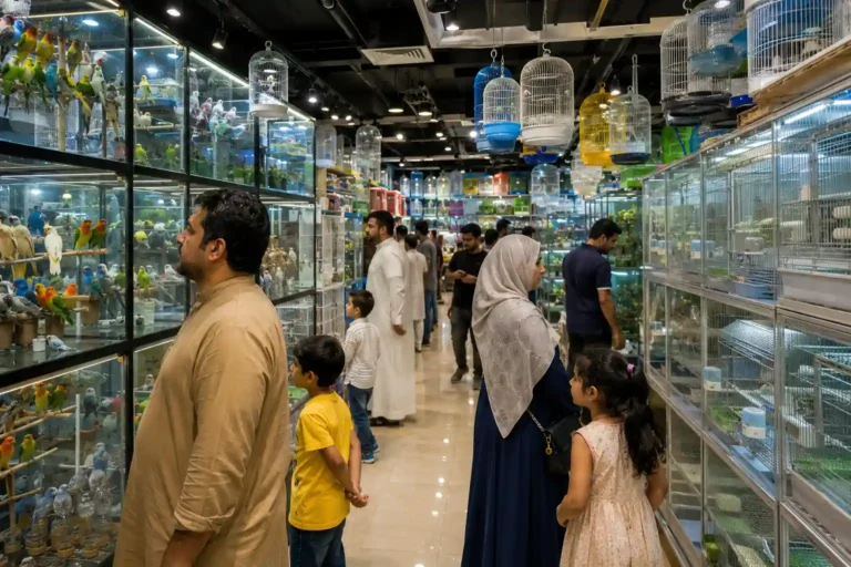 Colorful birds and pet shops inside Sharjah Bird Market