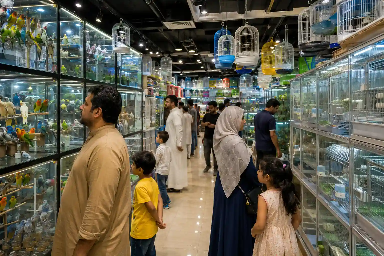 Colorful birds and pet shops inside Sharjah Bird Market