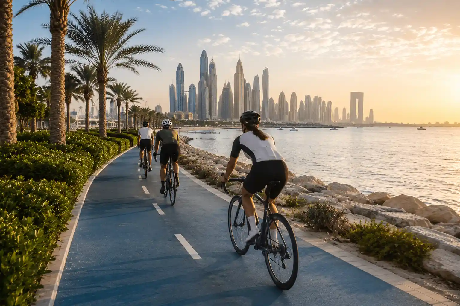 Cyclists riding on a beachfront cycling track in Dubai UAE