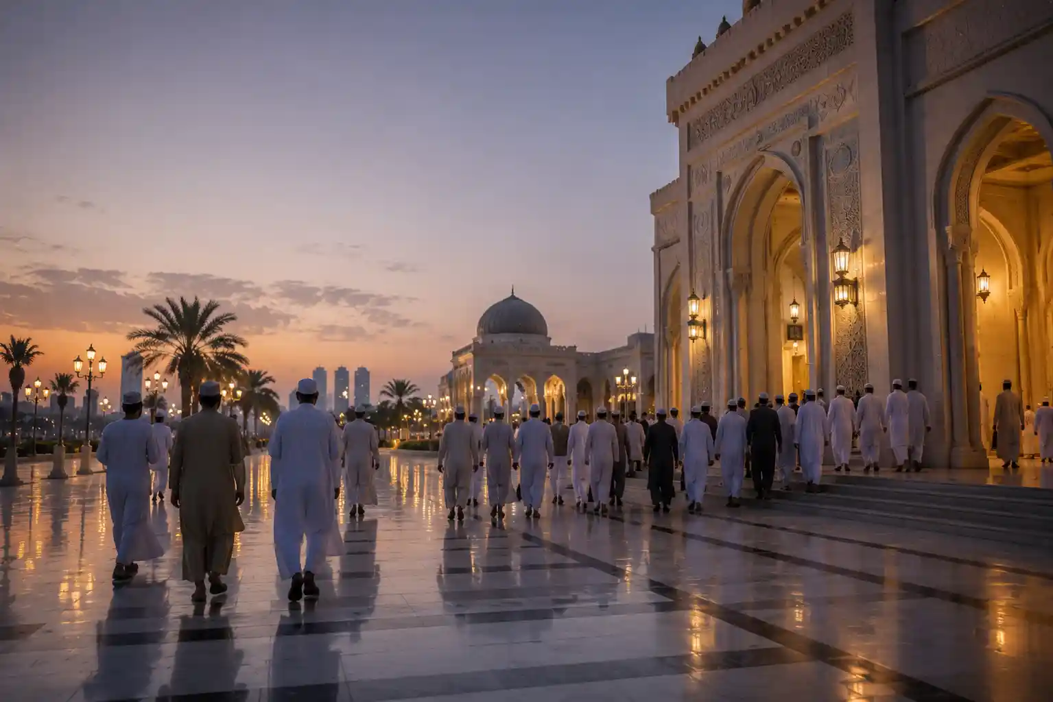 مسجد في الشارقة وقت صلاة الفجر مع أجواء الفجر الهادئة