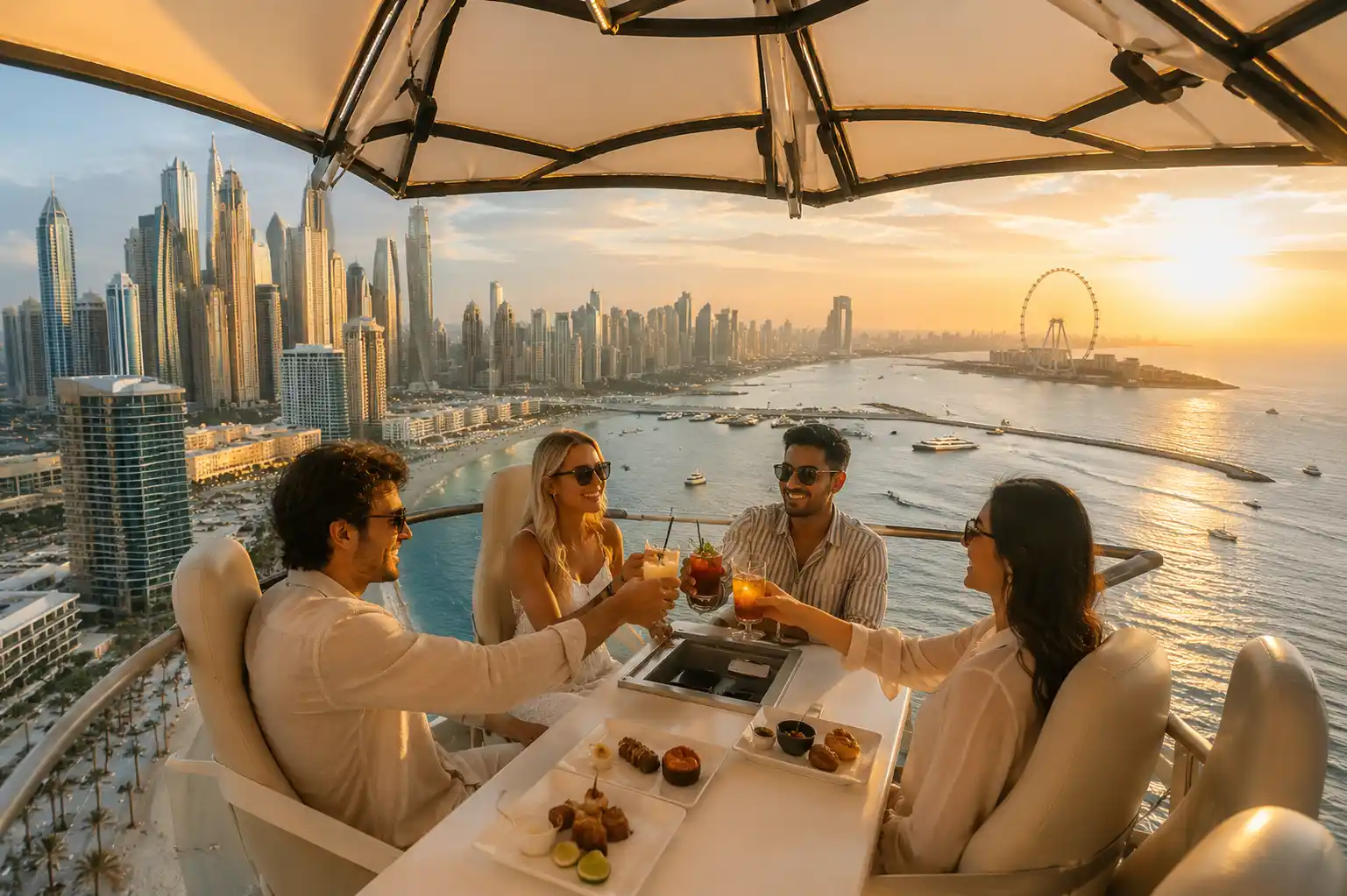 Visitors enjoying Flying Cup attraction above The Beach JBR in Dubai