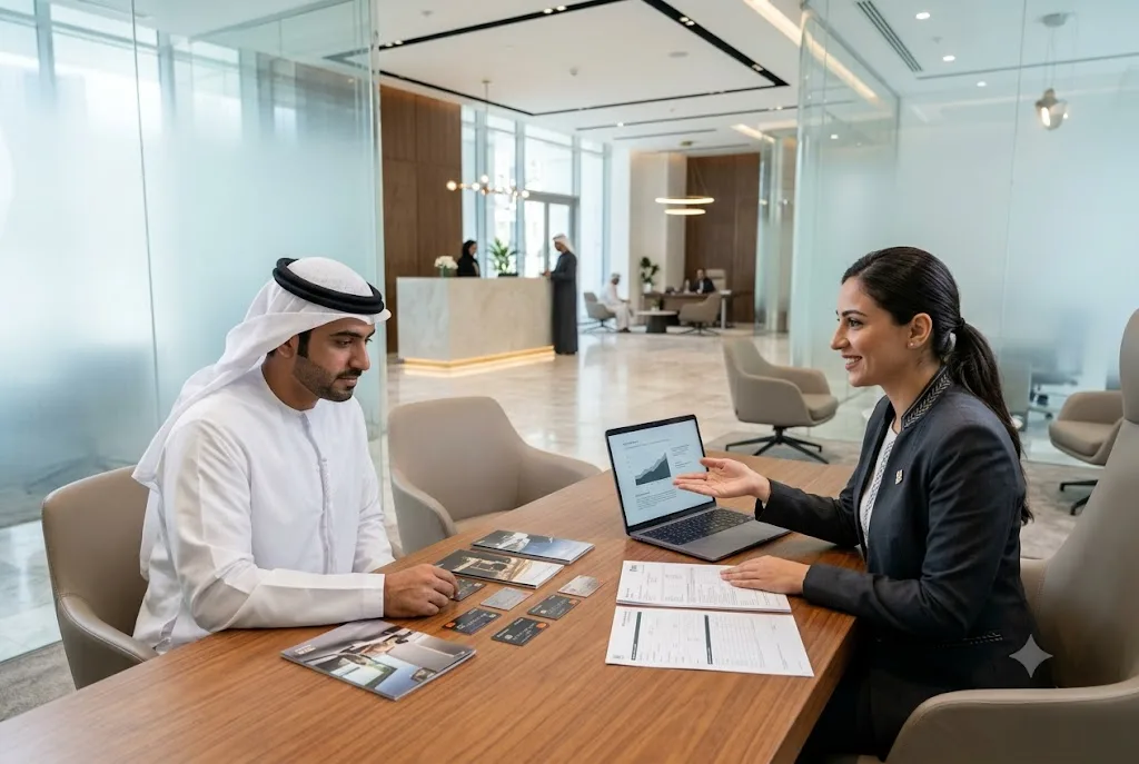 Bank customer discussing credit card eligibility and salary requirements in the UAE