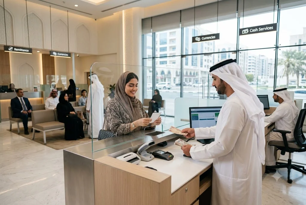 Customer using exchange and remittance services at a Sharjah financial exchange branch