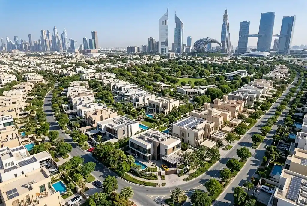 Residential villas and tree-lined streets in Al Safa Dubai community
