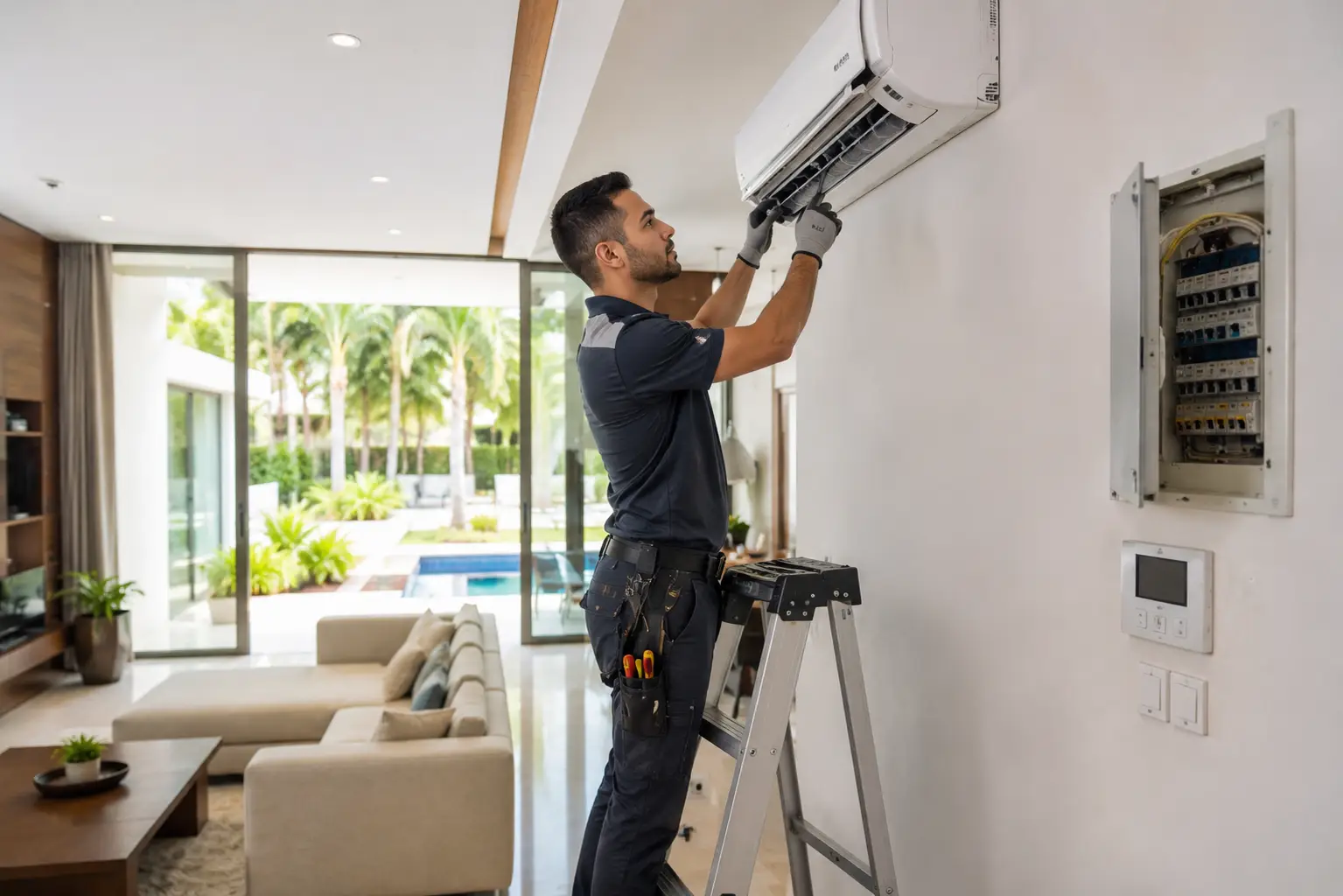 Maintenance technician inspecting household systems inside a Dubai villa