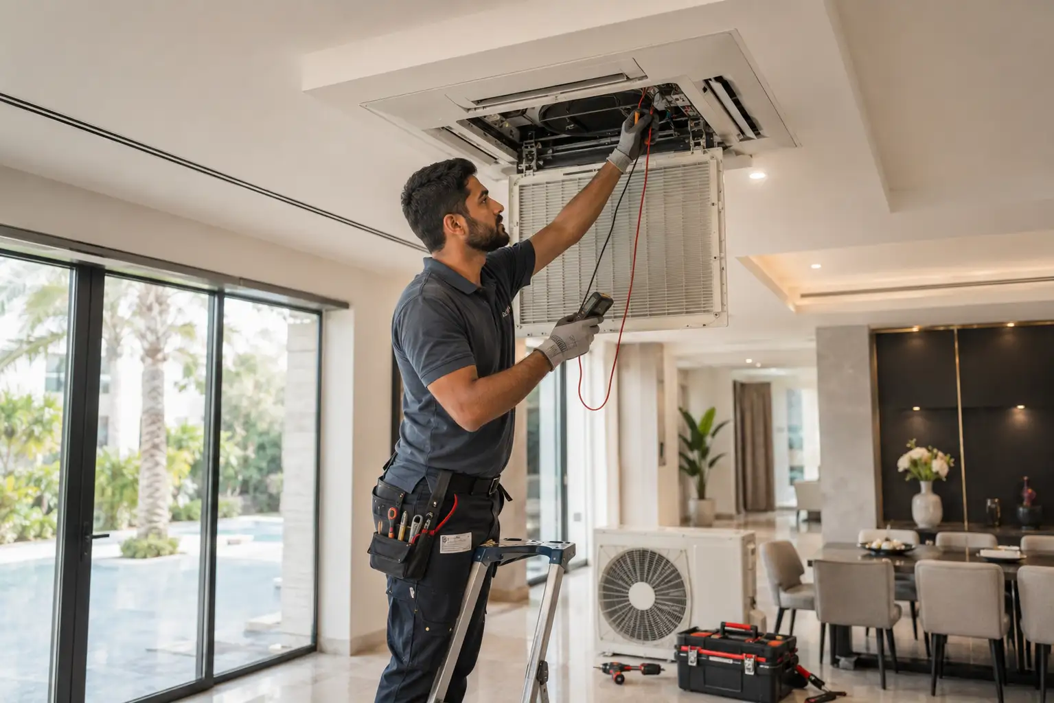 Professional AC technician repairing an air conditioning unit in a Dubai home
