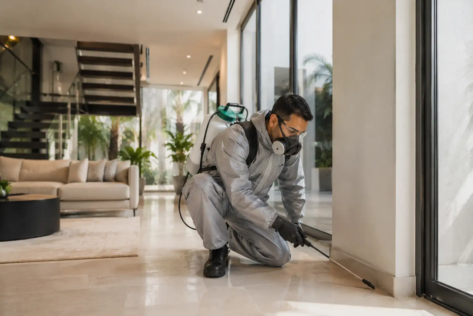Professional pest control technician treating a Dubai home