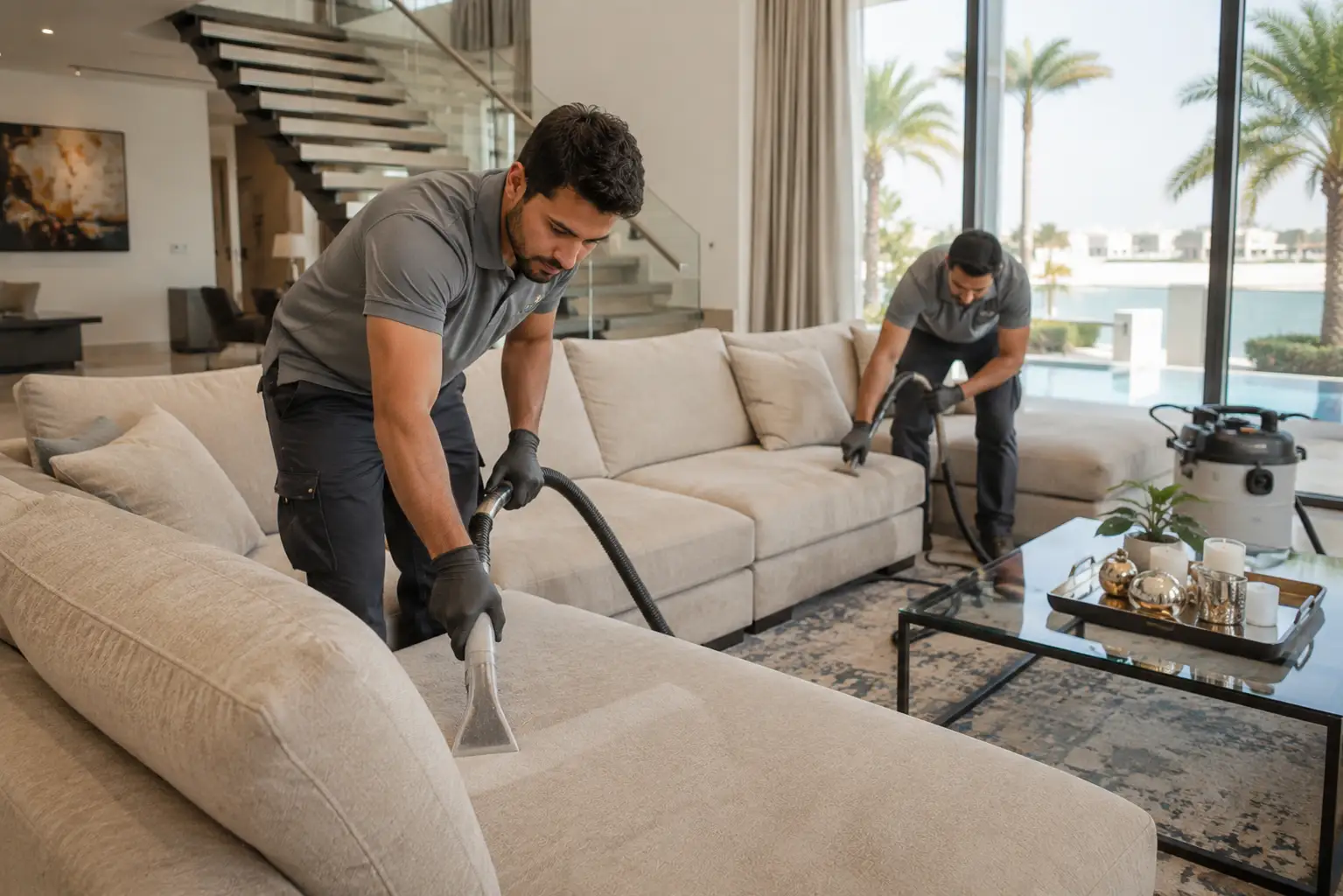 Professional sofa cleaning service inside a modern Dubai home