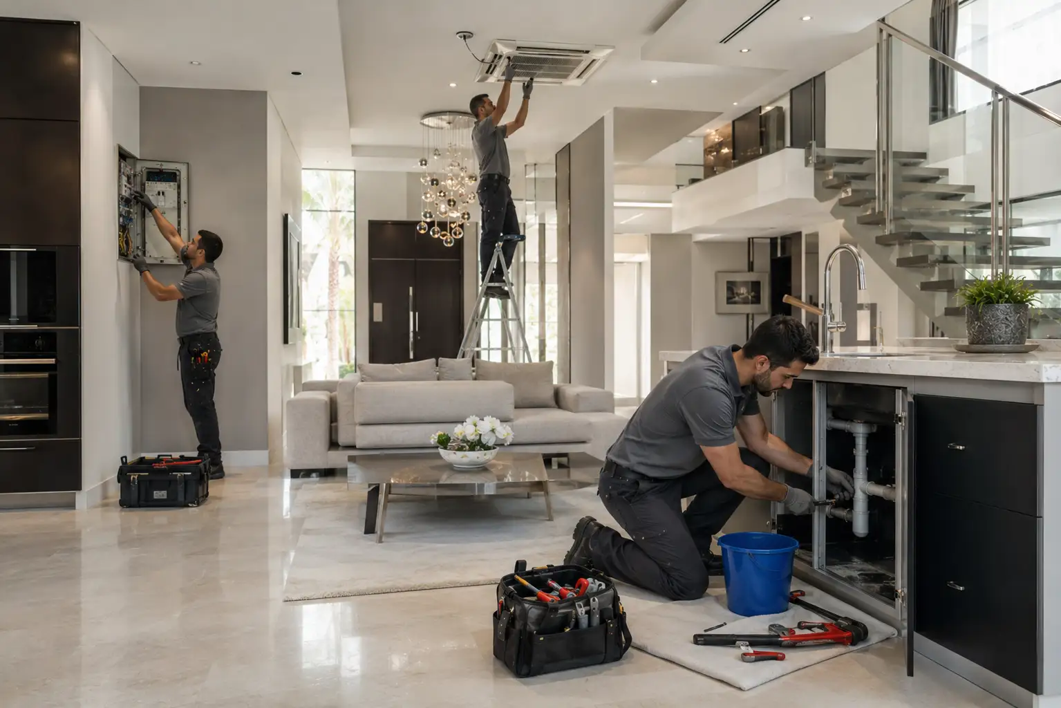 Maintenance professionals fixing household problems inside a Dubai home