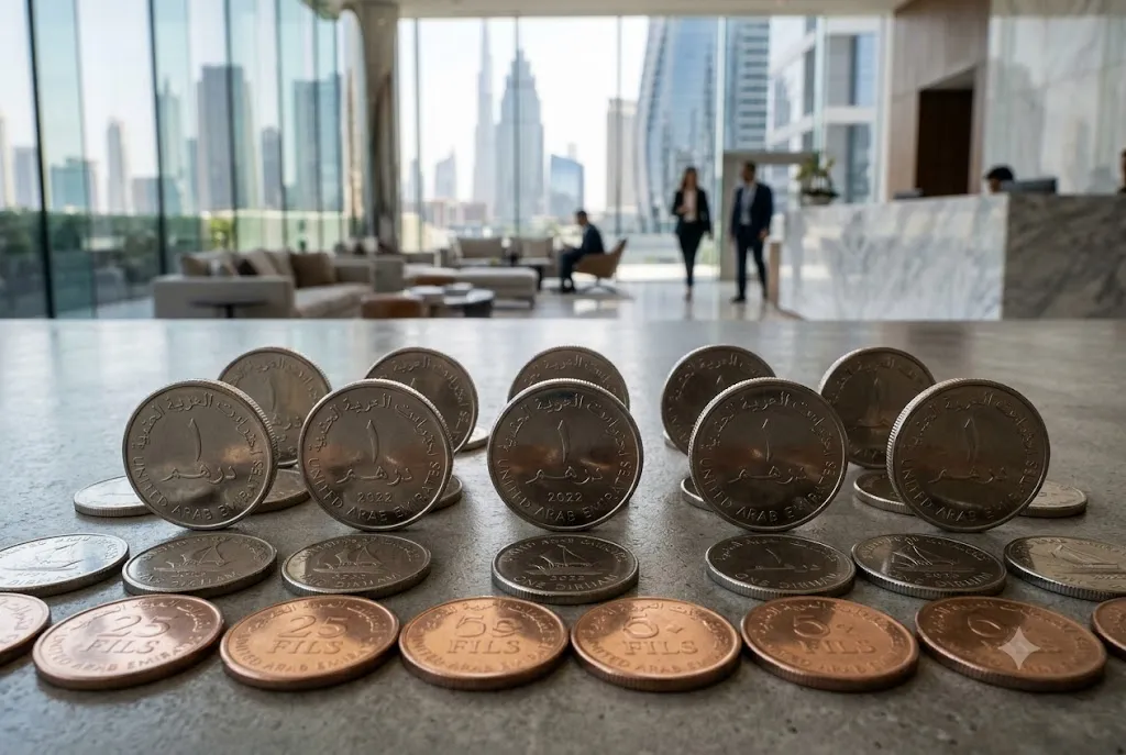 UAE Dirham coins including 25 fils 50 fils and 1 dirham used in Dubai
