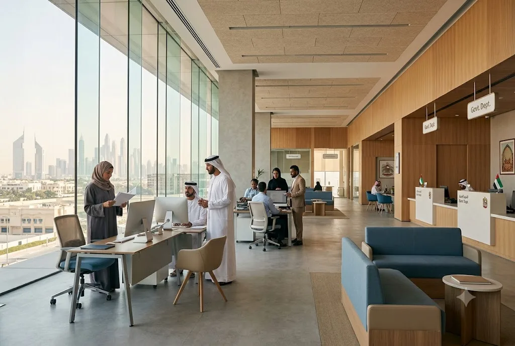 Professionals working in a modern Dubai government office environment