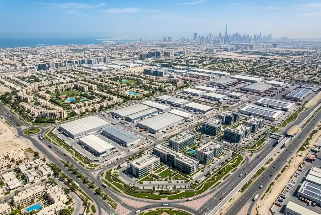 Aerial view of Dubai Investment Park showing commercial, industrial, and residential developments