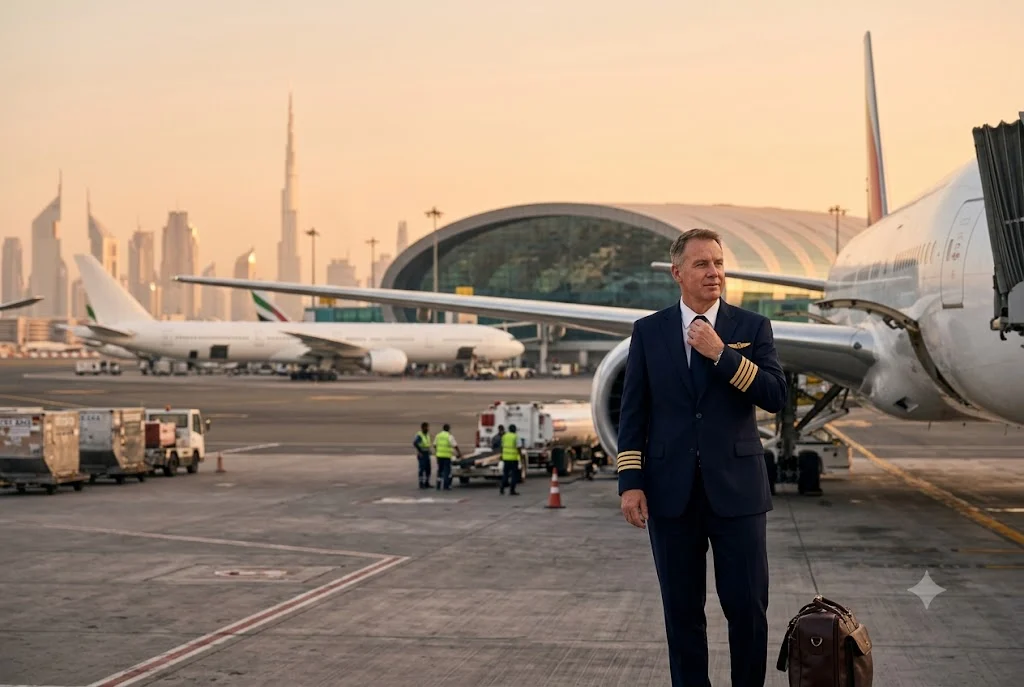 Commercial airline pilot standing near a passenger aircraft in Dubai