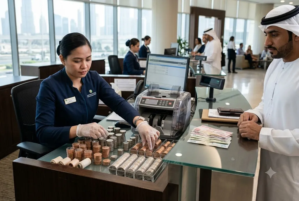 UAE dirham coins being counted for exchange into cash at a Dubai banking facility