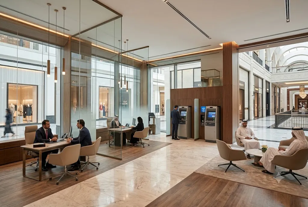 Customers accessing banking services near FAB Bank in Mall of the Emirates Dubai