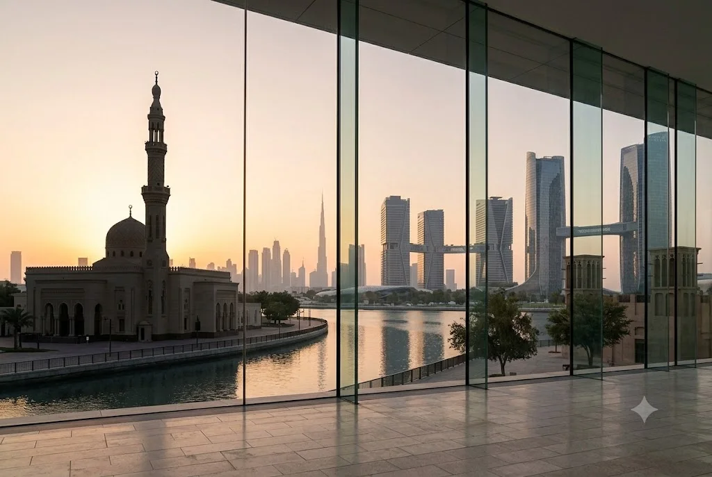 Dubai mosque at dawn representing Fajr prayer time and daily Islamic prayer schedule