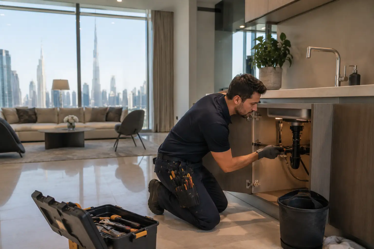 Professional handyman performing home repairs inside a Dubai apartment