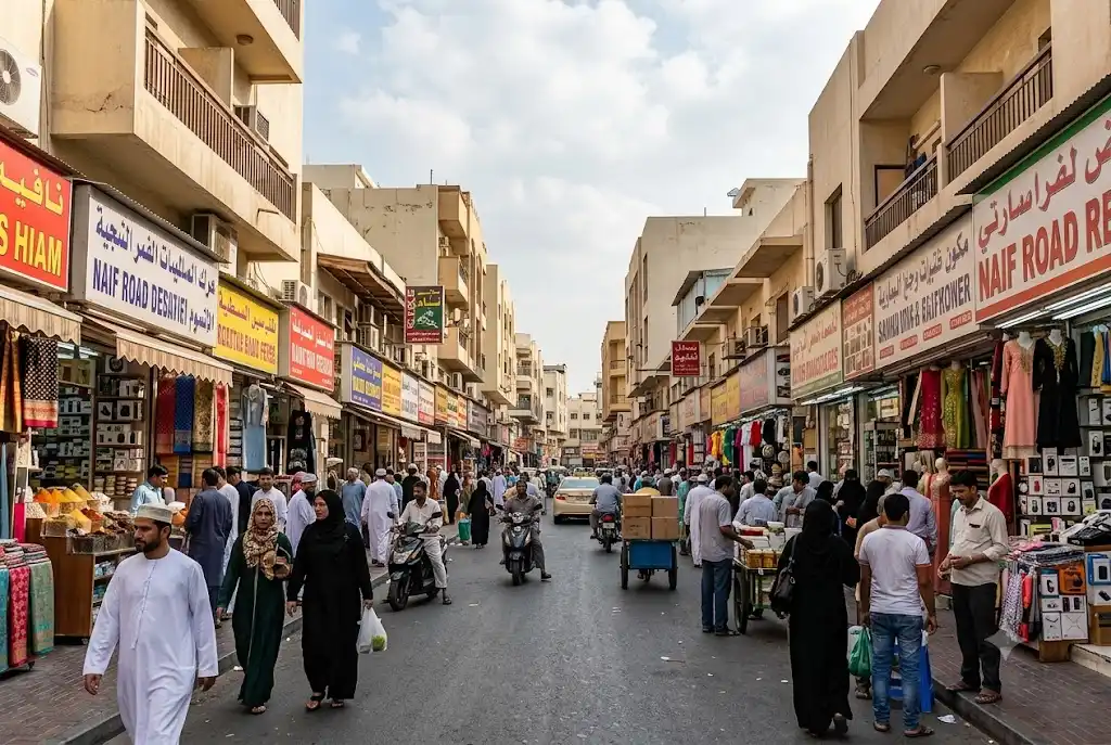 Busy shopping street and retail stores on Naif Road Dubai in Deira