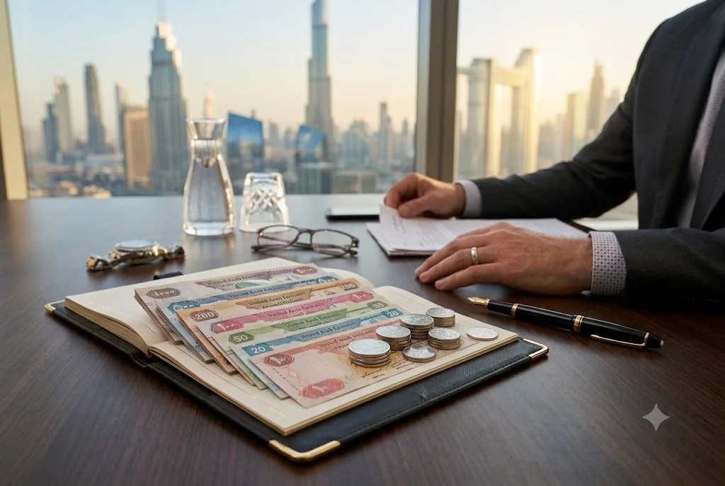 UAE Dirham banknotes and coins representing the official currency of the United Arab Emirates