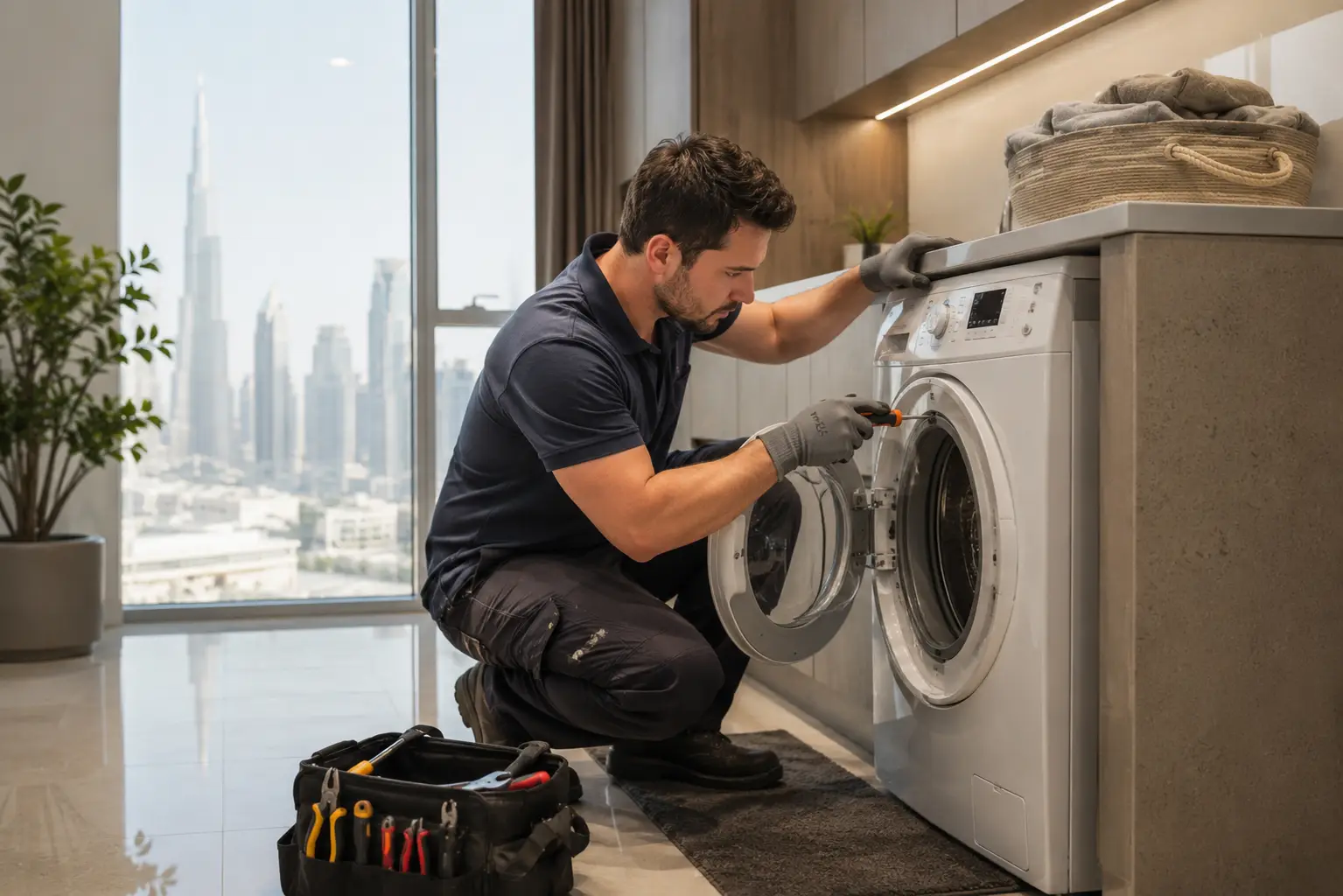 Appliance repair technician fixing a washing machine in a Dubai home