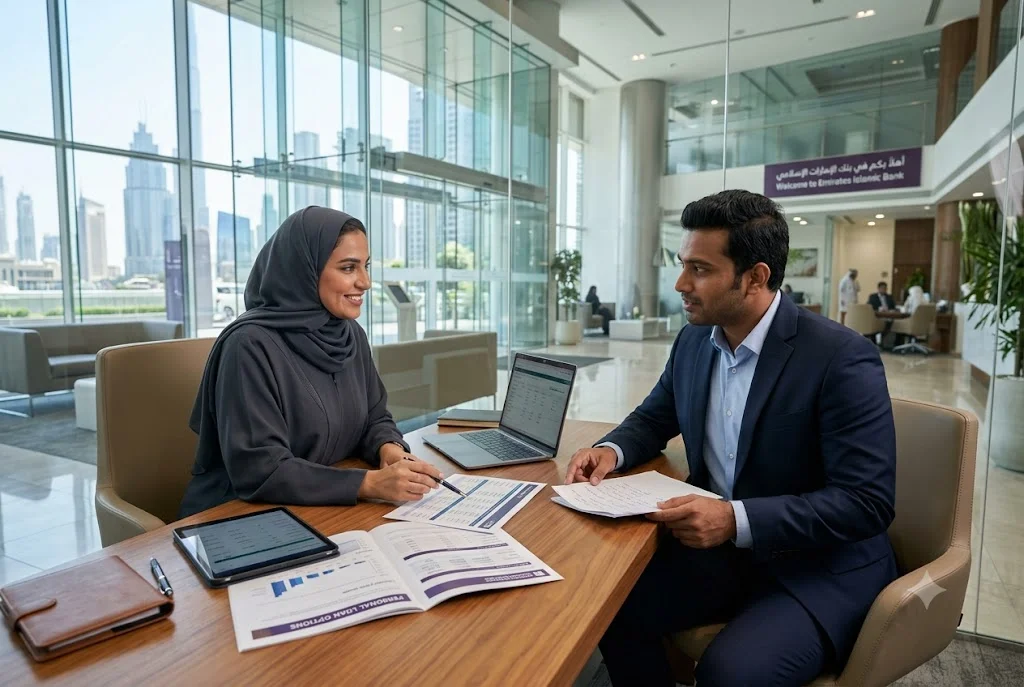 Bank customer discussing personal loan options with a financial advisor in the UAE