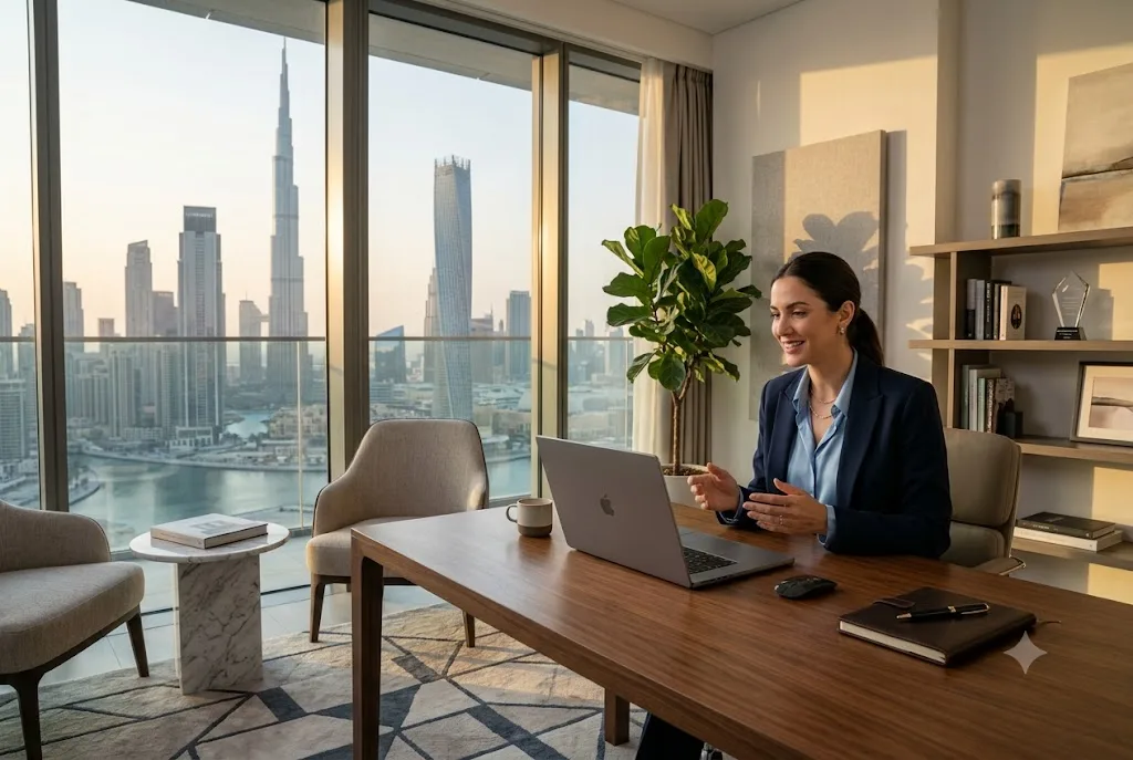 Professional working remotely from home in Dubai using a laptop
