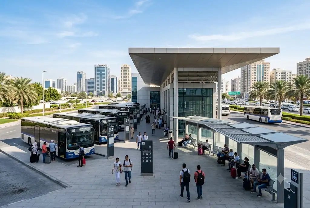 Passengers waiting at Ajman Bus Stand before boarding intercity buses in the UAE