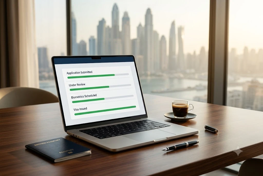A premium laptop displaying a visa tracking portal next to a UK passport on a modern desk with a Dubai skyline view.