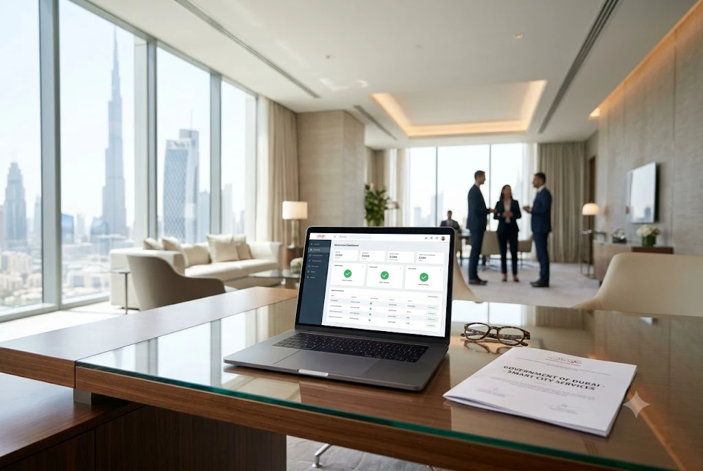 A corporate laptop screen displaying a digital visa tracking dashboard on an office desk in Dubai.