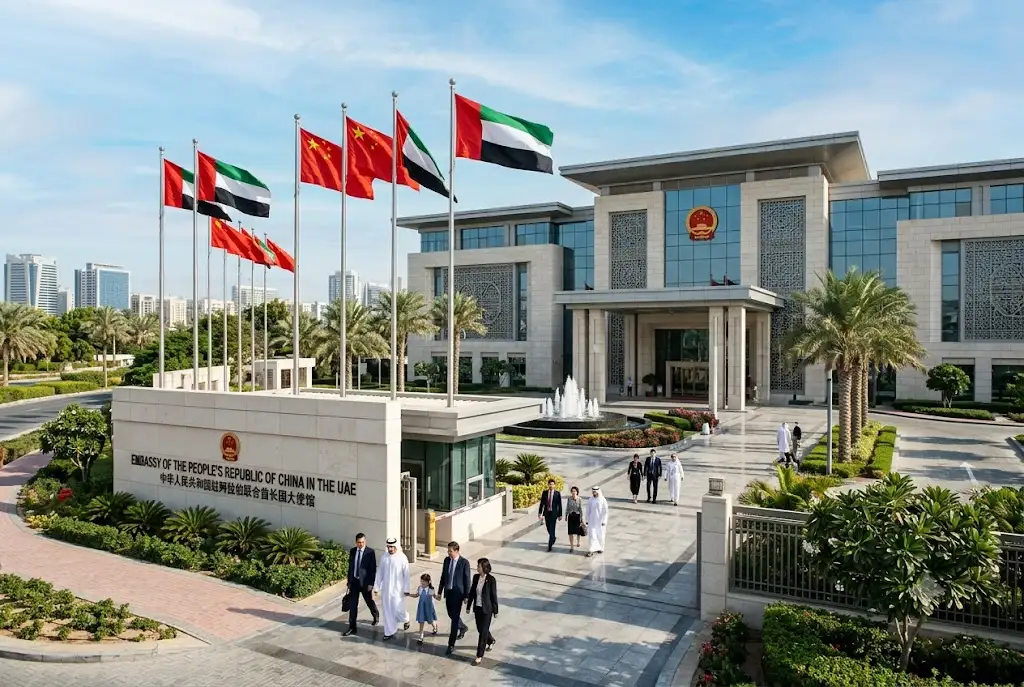 China Embassy Dubai search guide showing the Embassy of the People's Republic of China in the UAE