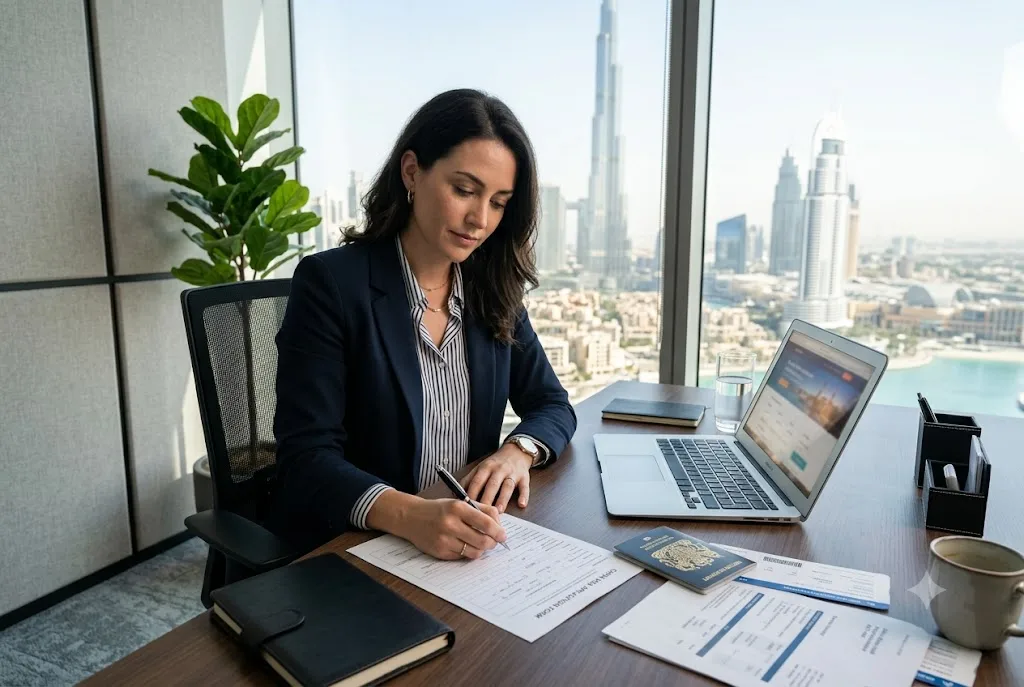 Traveler completing the China visa application form Dubai with passport and travel documents