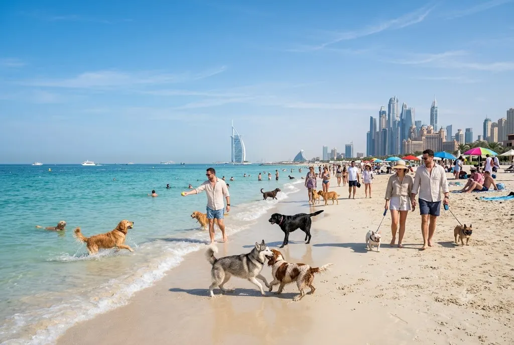 Dogs and owners enjoying dog beach along Dubai's coastline