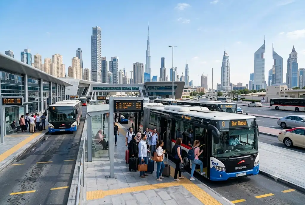 Modern RTA buses operating according to Dubai bus timings at a busy station