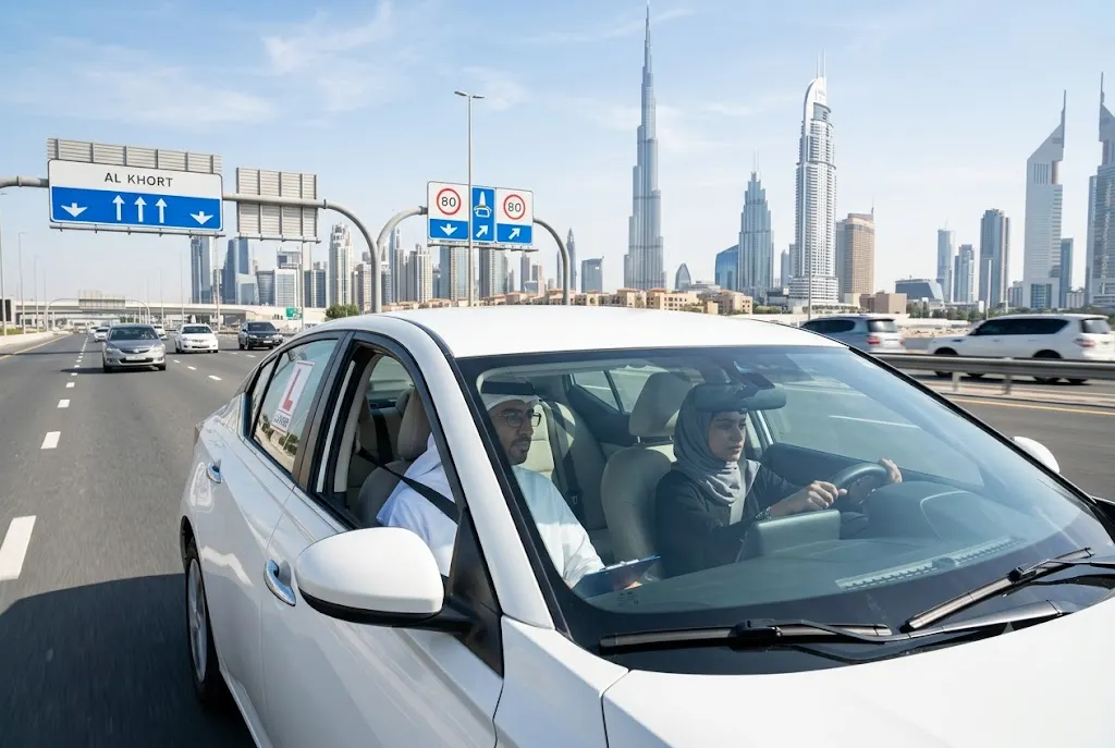 Learner driver completing training for a Dubai driving license with a certified instructor