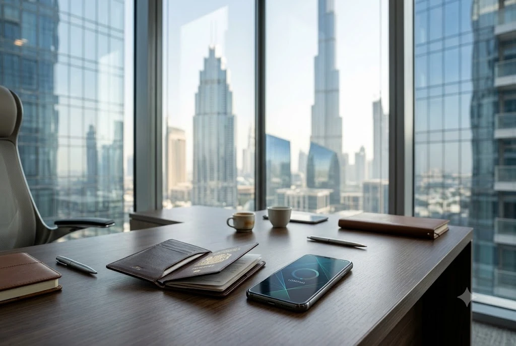 An open passport and smartphone on a corporate desk in front of a Dubai skyline view, symbolizing online visa checking.