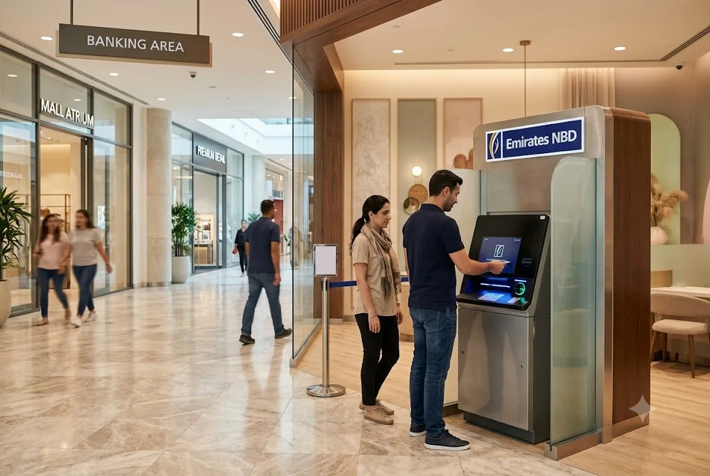 Customer using an Emirates NBD ATM for cash withdrawal and banking services in the UAE.