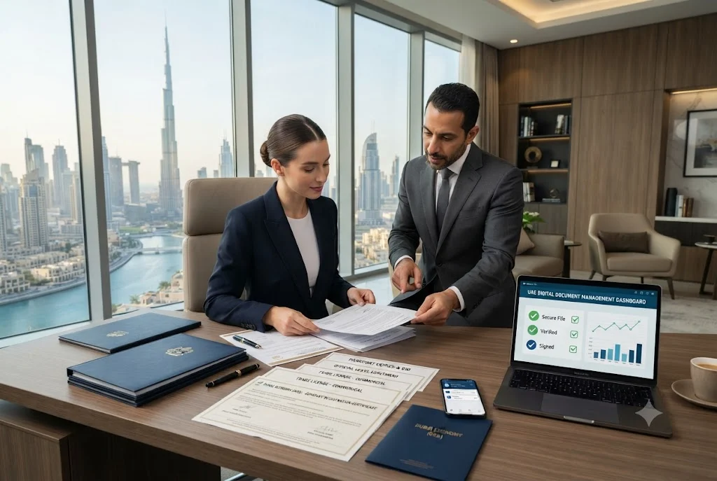 Entrepreneur organizing essential UAE business registration documents with a business consultant in a modern Dubai office before launching a company.