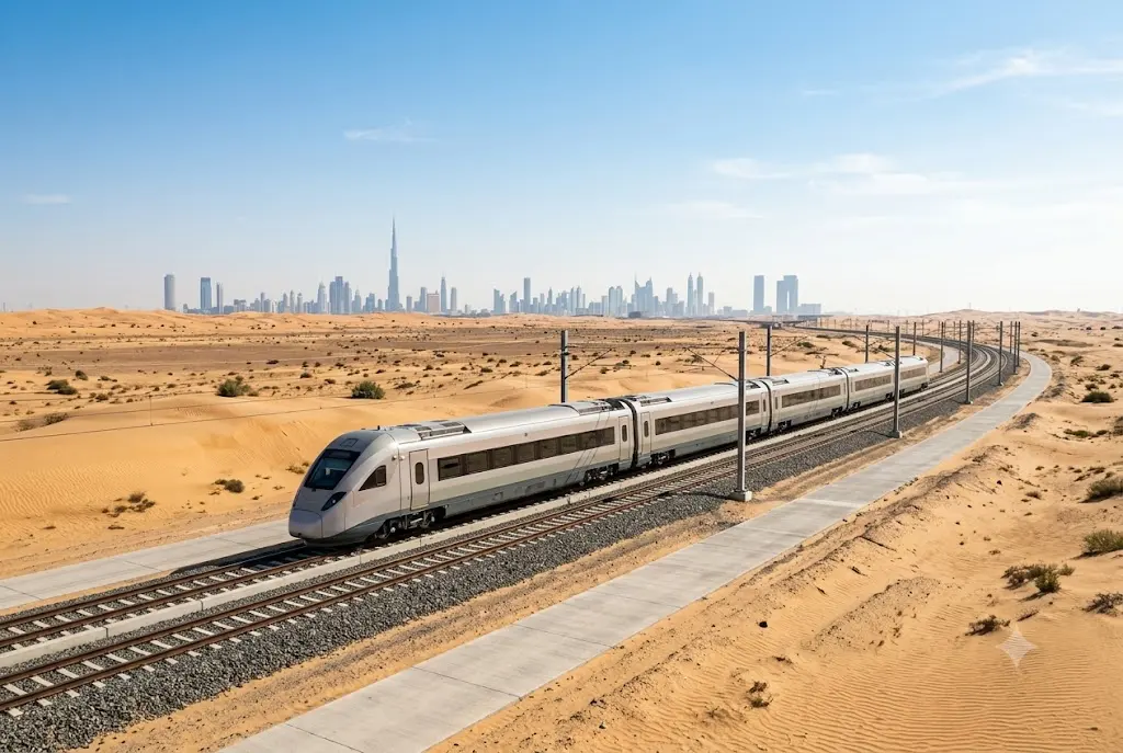 Etihad Rail passenger train traveling across the UAE railway network