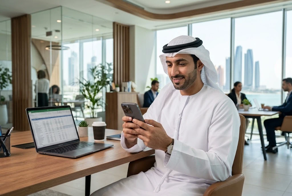 Customer performing a FAB bank online balance check using a mobile banking app in the UAE.