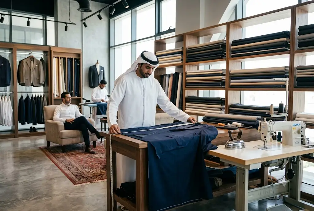 خياط محترف في الإمارات يقوم بتفصيل الملابس