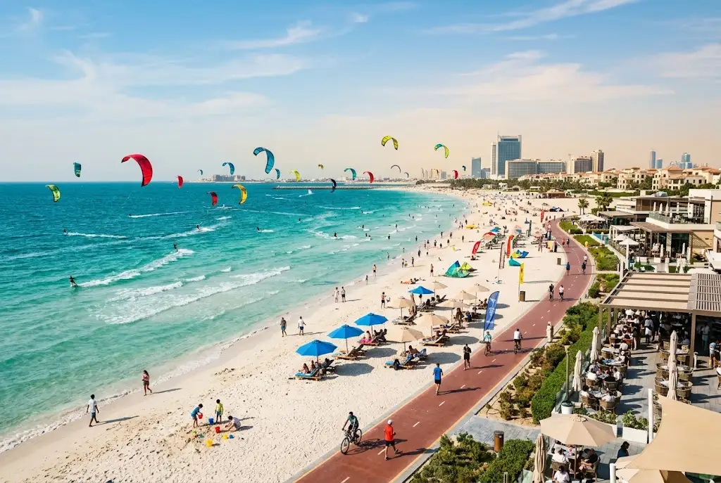 Visitors enjoying kite and surf beach with water sports and coastal scenery in Dubai