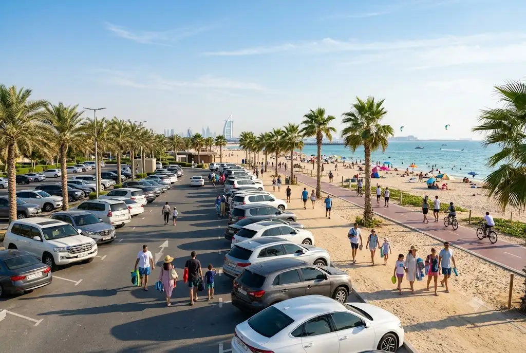 Visitors using kite beach parking near the beachfront in Dubai