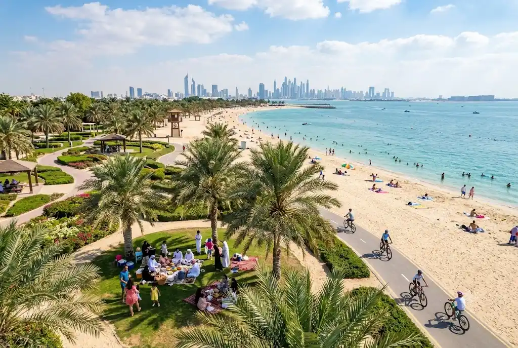 Families enjoying mamzar beach park with beaches and green spaces in Dubai
