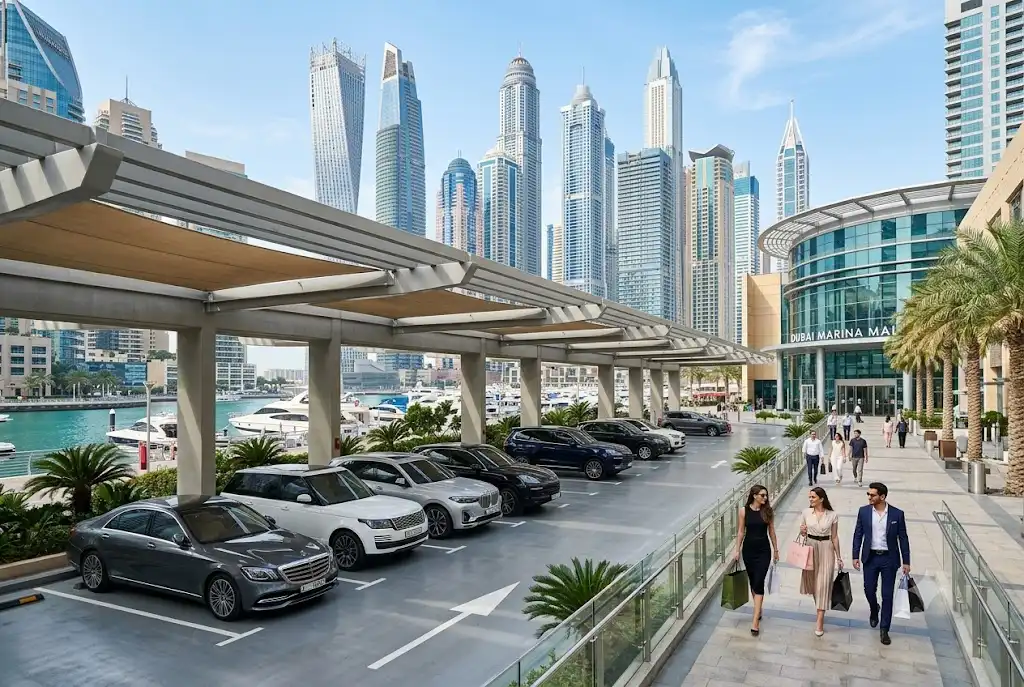 marina mall parking facility serving shoppers and visitors in Dubai Marina