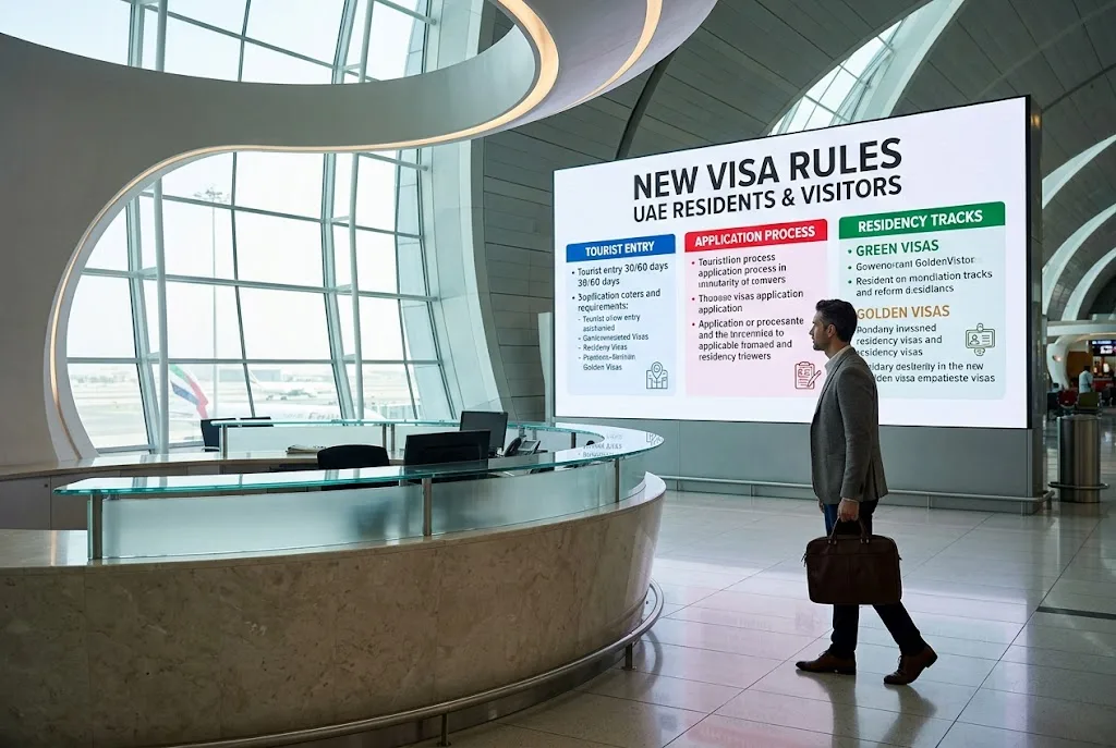 A digital information screen displaying travel and residency updates inside a modern Dubai airport terminal, representing the new visa rules in UAE.