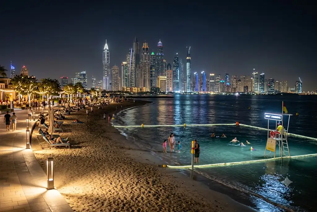 Visitors enjoying night beach dubai with illuminated swimming areas and coastal views